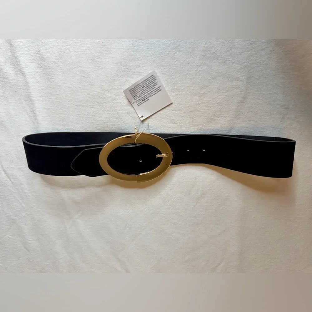 ZARA Black Suede Waist Belt Gold Oval Buckle Wide‎ Statement Belt